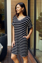 Load image into Gallery viewer, Zenana Full Size Striped V-Neck Pocket Dress in Black/Ivory ALSO IN PLUS SIZES
