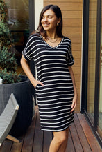 Load image into Gallery viewer, Zenana Full Size Striped V-Neck Pocket Dress in Black/Ivory ALSO IN PLUS SIZES
