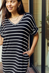 Zenana Full Size Striped V-Neck Pocket Dress in Black/Ivory ALSO IN PLUS SIZES